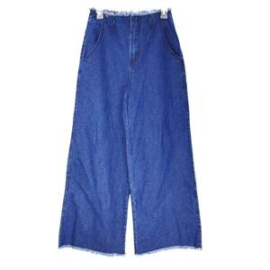 Forever 21 Wide Leg High Rise Raw Hem Jeans Dark Wash Blue Denim Womens Size 26